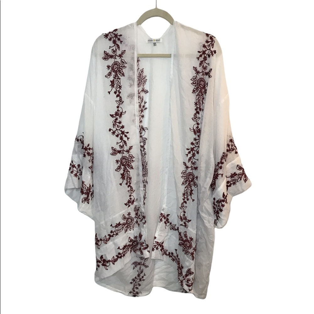 Woven Heart Embroidered Kimono Cardigan Sheer White Red One Size - Picture 1 of 10